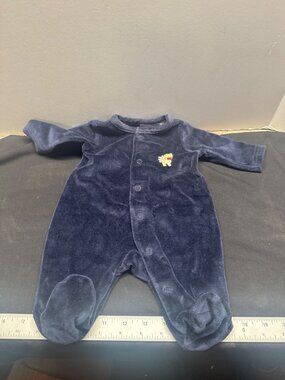 Disney Baby Newborn Footed Onesie Navy Velour Winnie The Pooh Embroidery Snap Cl